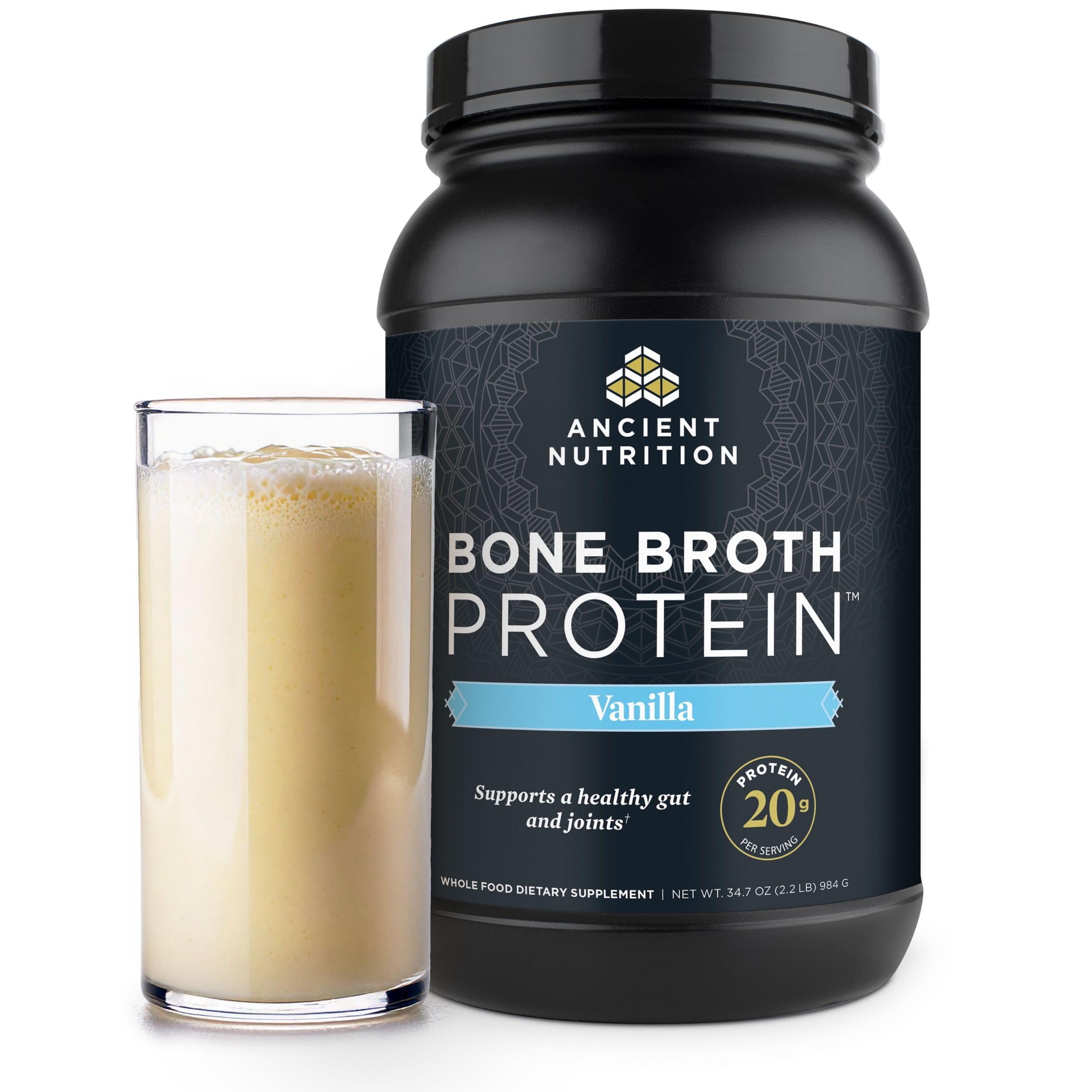 Ancient Nutrition Grass Fed, Bone Broth Protein Powder, 20g Protein, Hydrolyzed Collagen Peptides, Keto & Paleo Friendly, Supports Joint, Gut Health, Vanilla, 40 Servings