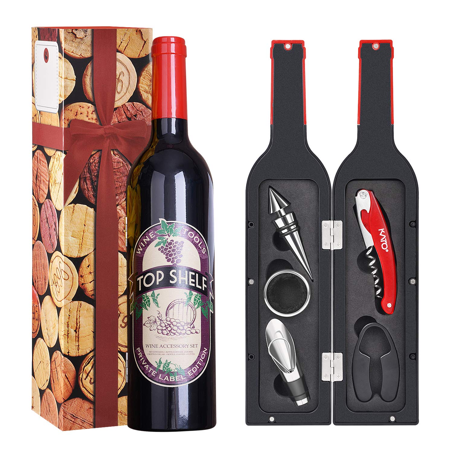 Kato Tirrinia 5 Pcs Deluxe Wine Accessories Gift Set- Wine Opener Set Includes Corkscrew, Stopper, Wine Pourer, Foil Cutter, Drip Ring w/Fun Static Cling, Best Gift for Wine Lover, Red