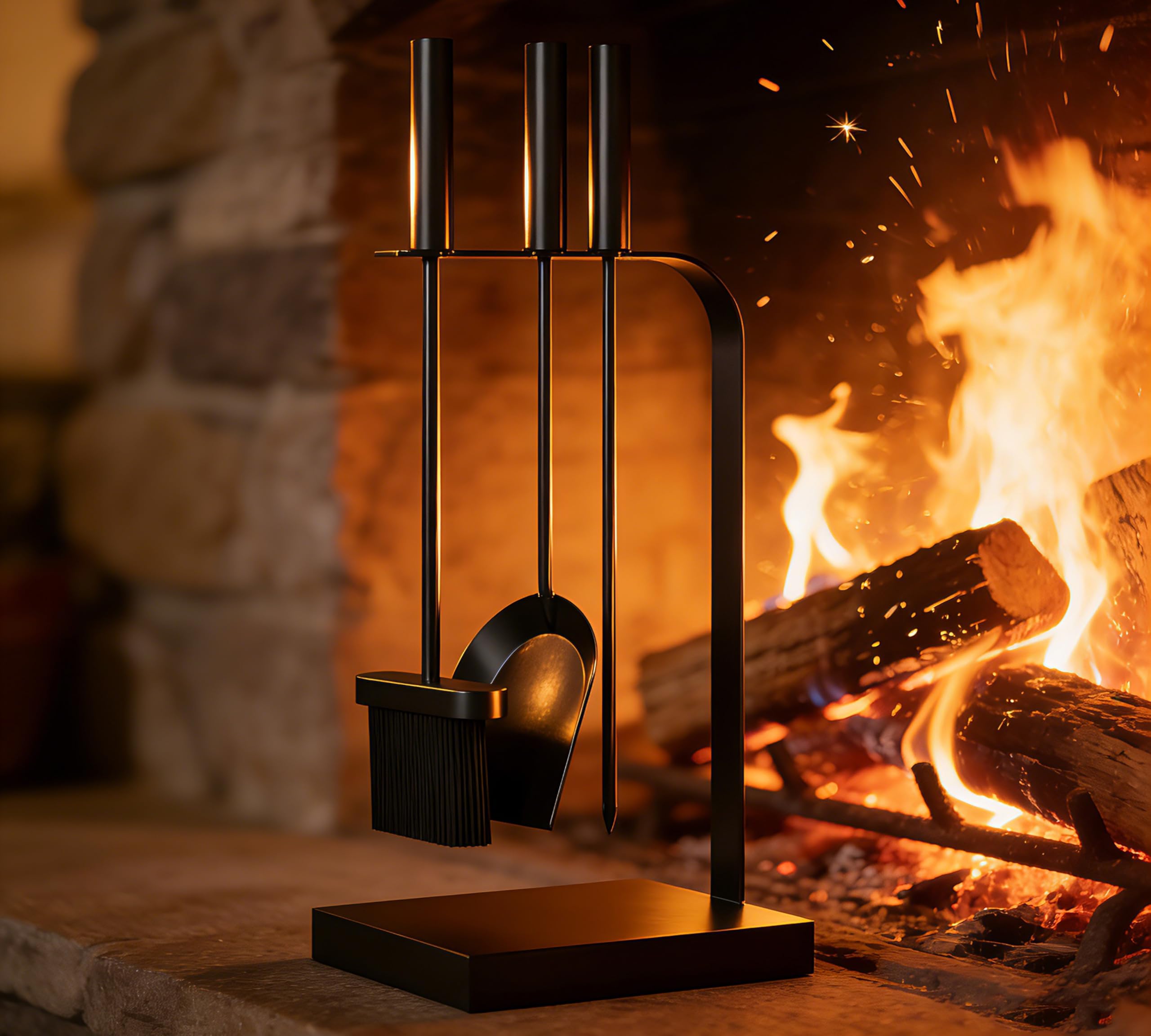 Kingson 4-Piece Fireside Companion Set Black Fireplace Tools Set for Log Burners, Includes Poker, Brush & Shovel Log Burner Accessories