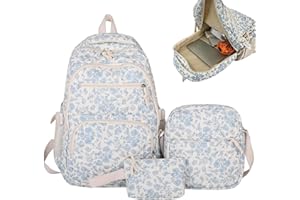 School Bags for Girls 3Pcs/Set Flower Backpack for Women Girls, Kawaii Aesthetic Floral Backpack with Medium Messenger Bag & 