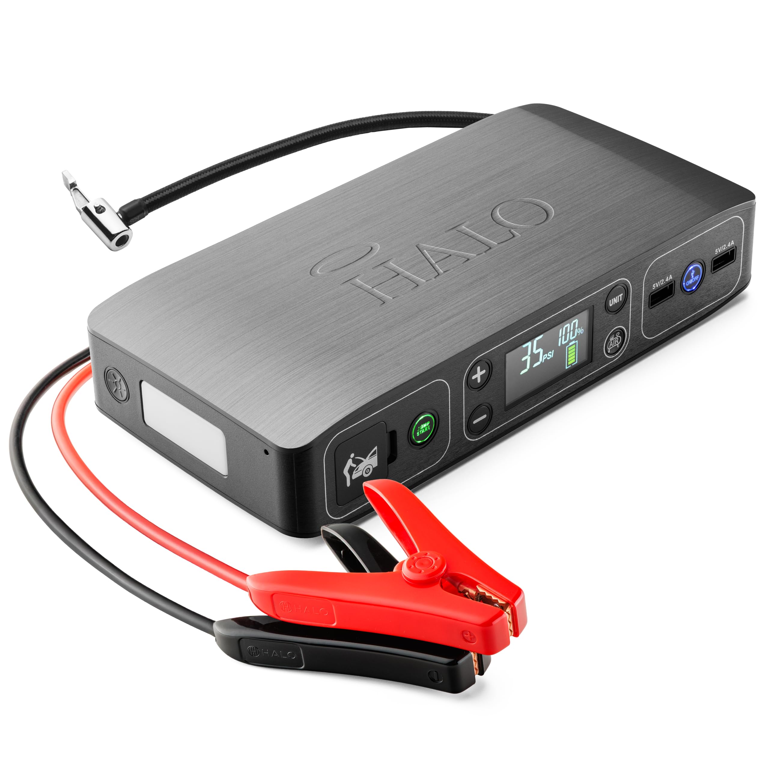 Photo 1 of HALO Bolt Air 58830 Portable Car Battery Jump Starter | 100 PSI Air Compressor, 58.8Wh USB Power Bank, Emergency Floodlight & Charger, Jumps Cars SUVs & Trucks, Inflates Tires, TSA Approved — Gray