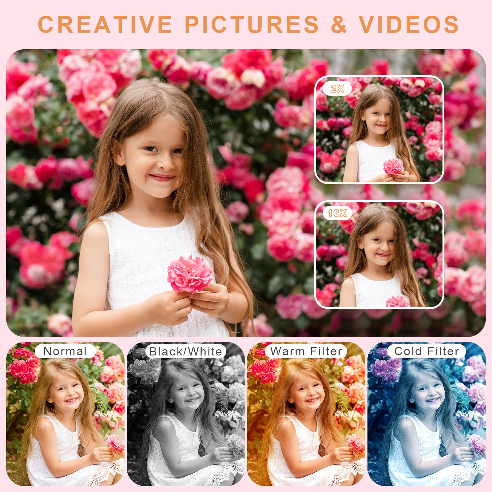 Digital Camera, Camera for Kids, UHD 4K 48MP Point and Shoot Digital Cameras with 64GB SD Card and 16X Digital Zoom Anti Shake, Compact Portable Small Gift for Boys Girls Students, Pink