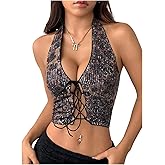 MakeMeChic Women's Leopard Print Halter Crop Tops Sequin Sparkly Lace Up Club Tank Top