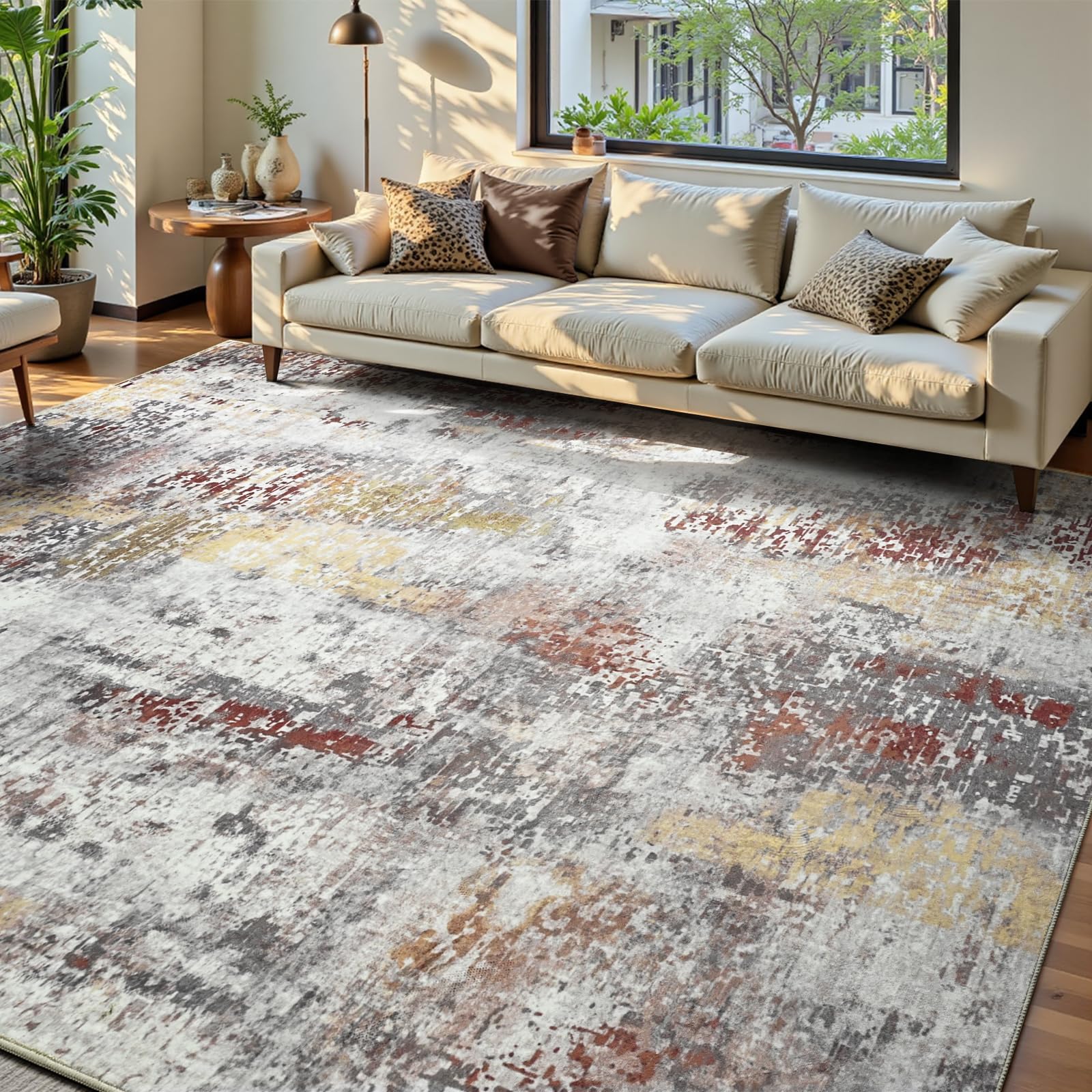 Living Room Rug 7x10 Beige Area Rugs Machine Washable Abstract Boho Large Rug Non-Slip Non-Shedding Faux Wool Indoor Vintage Carpet for Bedroom, Classroom, Dining Room, Kids Playroom Image