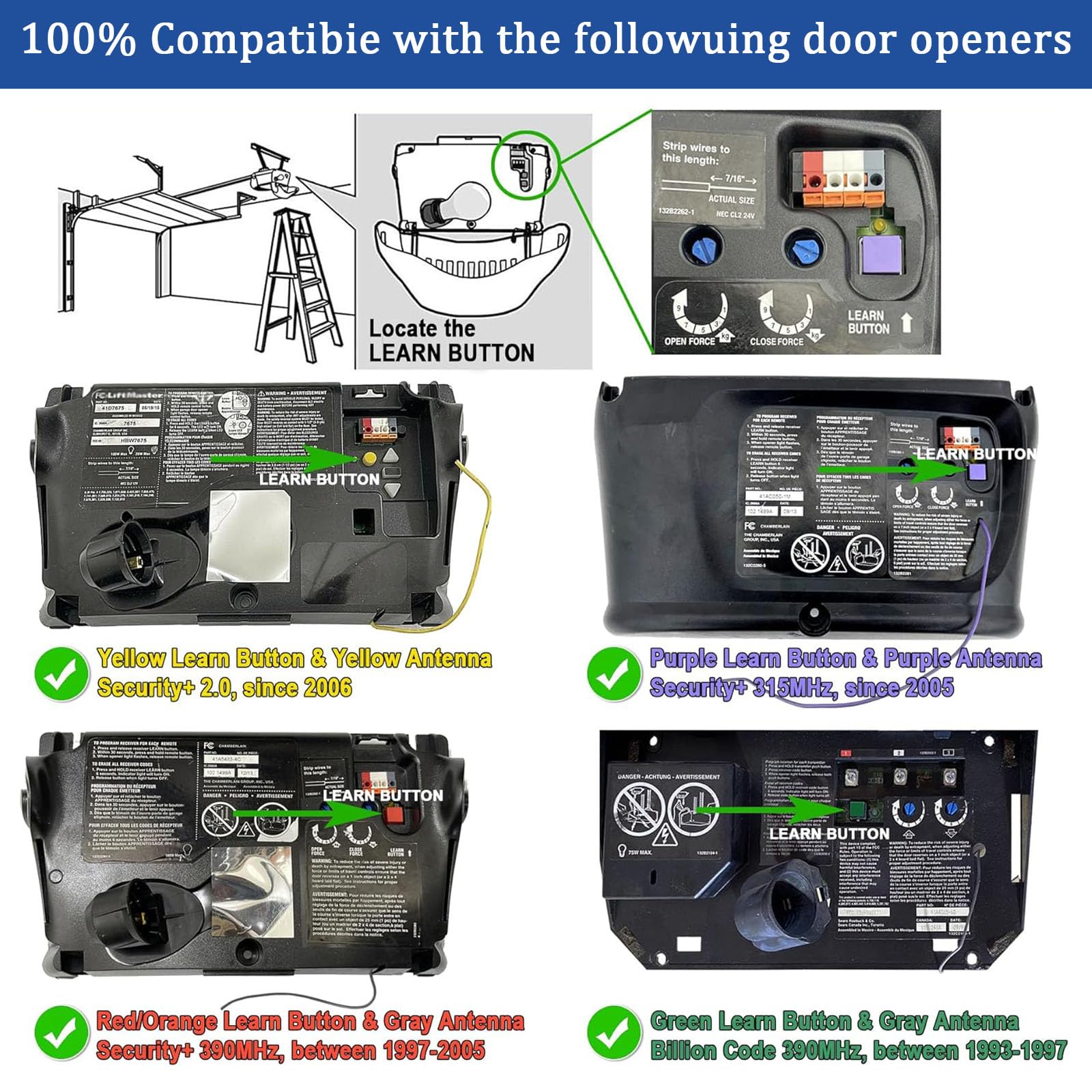 2 Garage Door Opener Remote, for Lift Master Chamberlain Craftsman Garage Door Opener Remote 893LM 893Max 891LM 971LM 973LM 371LM 373LM, Red Orange Green Yellow Purple Learn Button Garage Door Remote