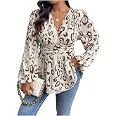 SOLY HUX Women's Plus Size Leopard Print Blouse V Neck Lantern Long Sleeve Peplum Ruffle Hem Flowy Tops