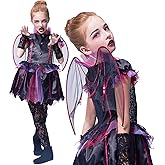 IKALI Halloween Vampire Bat Costume for Girls with Wings,Kids Gothic Darkness Fancy Dress Outfit