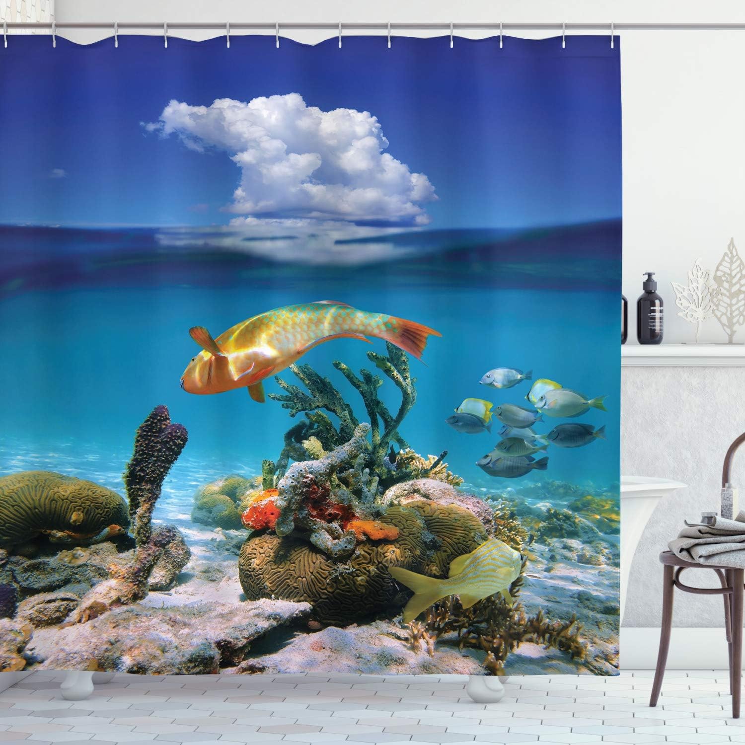 Amazon Com Ambesonne Nautical Decor Shower Curtain By Underwater Marine Life Scenery With Exotic Fish Reefs In The Ocean Caribbean Image Fabric Bathroom Decor Set With Hooks 84 Long Extra Blue Home