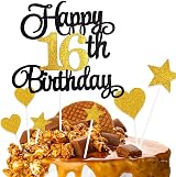 ZHIHUI 7-Piece Happy 16th Birthday Cake Topper Black Gold Glitter Party Decor