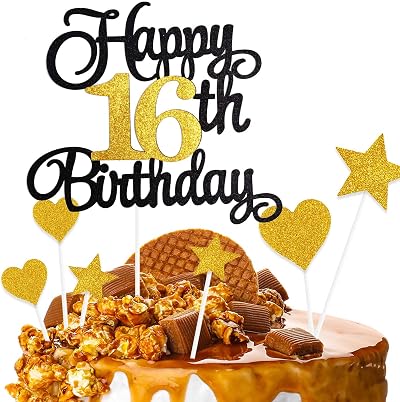 ZHIHUI 7-Piece Happy 16th Birthday Cake Topper Black Gold Glitter Party Decor