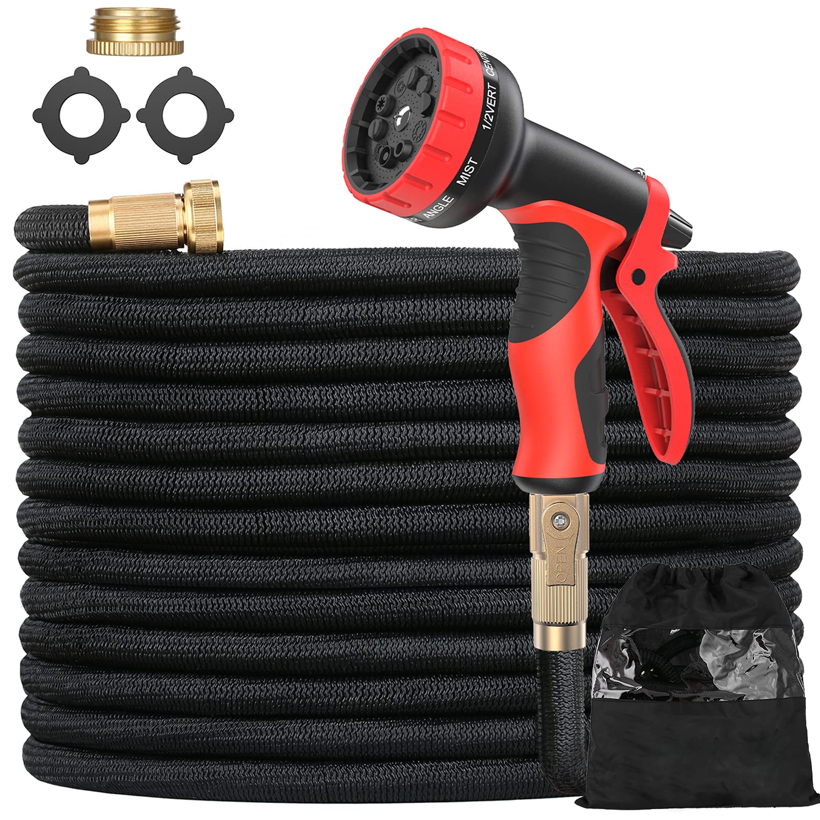 Bedern Expandable Garden Hose 50ft Water Hose with 10 Function Nozzle No-Kink Lightweight Flexible Hose Durable 3-Layers Latex with 3/4 Inch Solid Brass Fittings for Watering & Washing