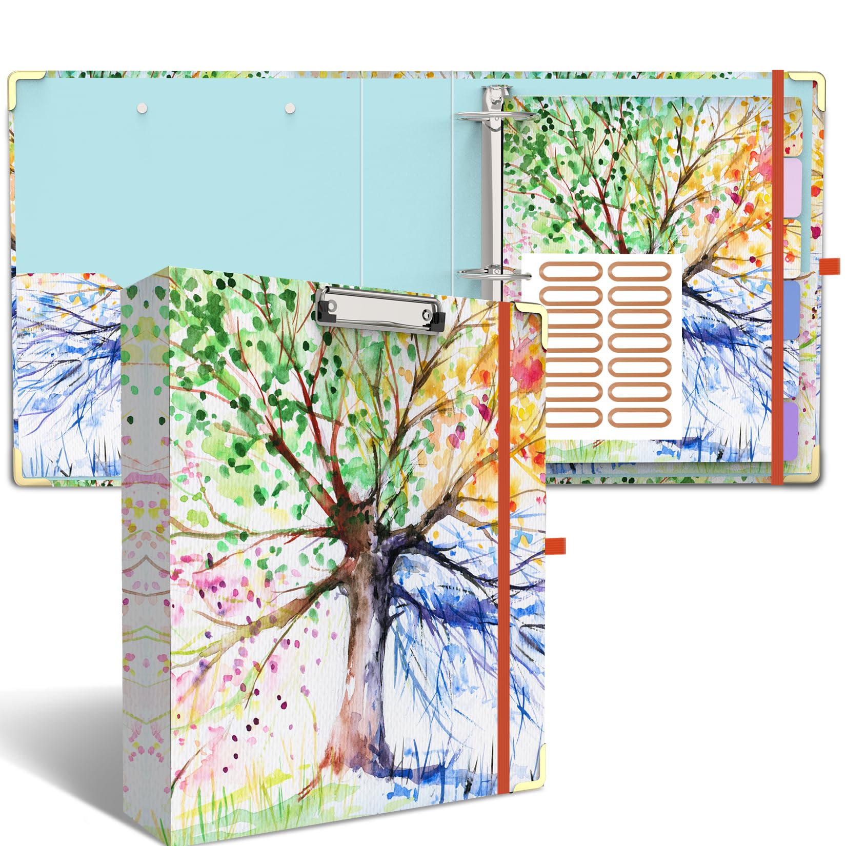 Photo 1 of 3 Ring Binder 2 Inch Ring, 2 Interior Pockets, 6 Tab Dividers, Low Profile Clipboard with Storage, Fashion Cute Binder and Labels Stickers for School Office (Tree Seasons)