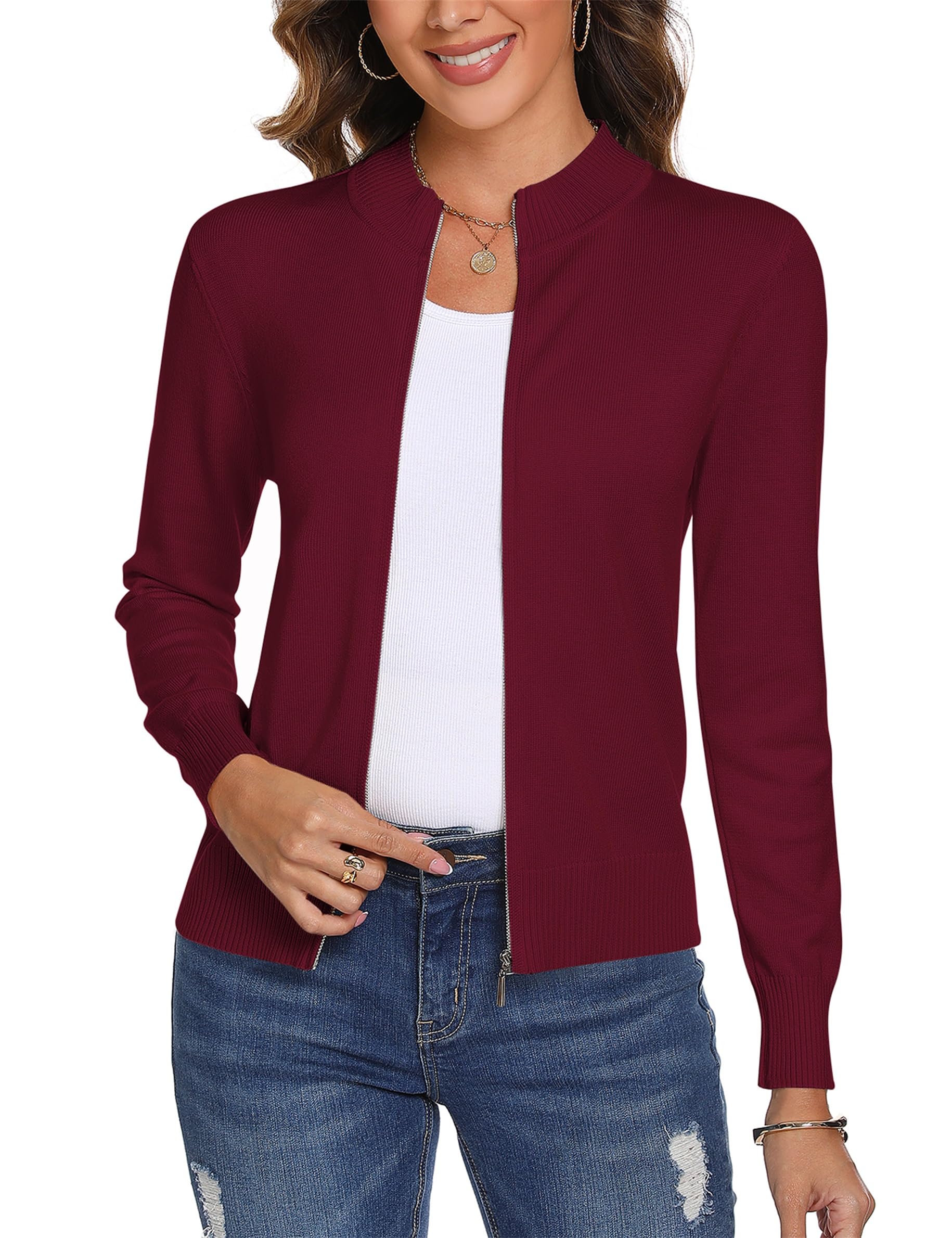 Photo 1 of Totatuit Zip Up Jacket for Women Lightweight Cardigan Casual Sweater Crewneck Clothing Cozy Fall Outfits Zipper Coat Long Sleeve Knit Sweatshirts Wine Red L