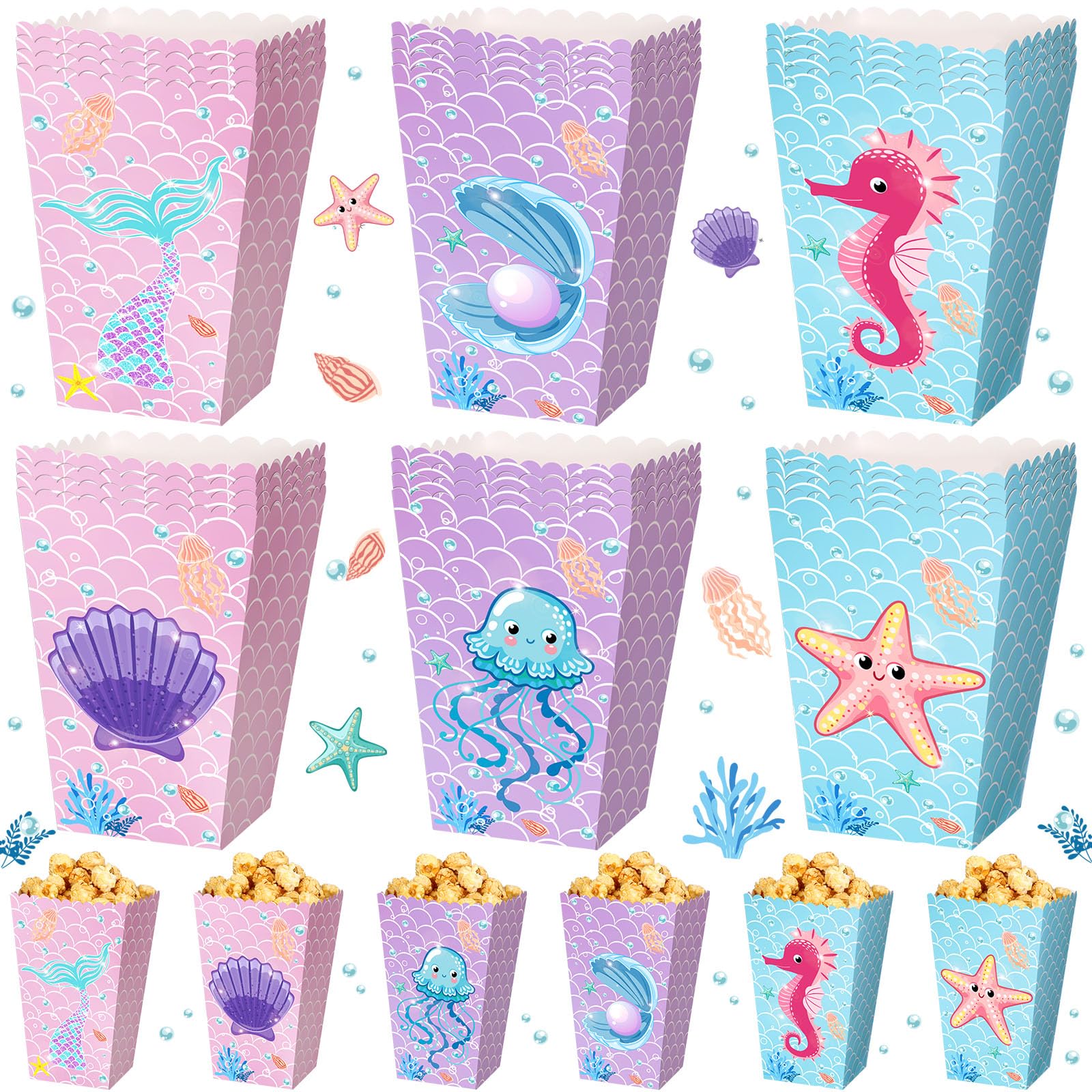 Photo 1 of Gueevin 24 Pcs Mermaid Popcorn Boxes Mermaid Treat Boxes Candy Cookie Holder Container for Summer Birthday Ocean Under the Sea Baby Shower Wedding Party Favors Supplies Decorations