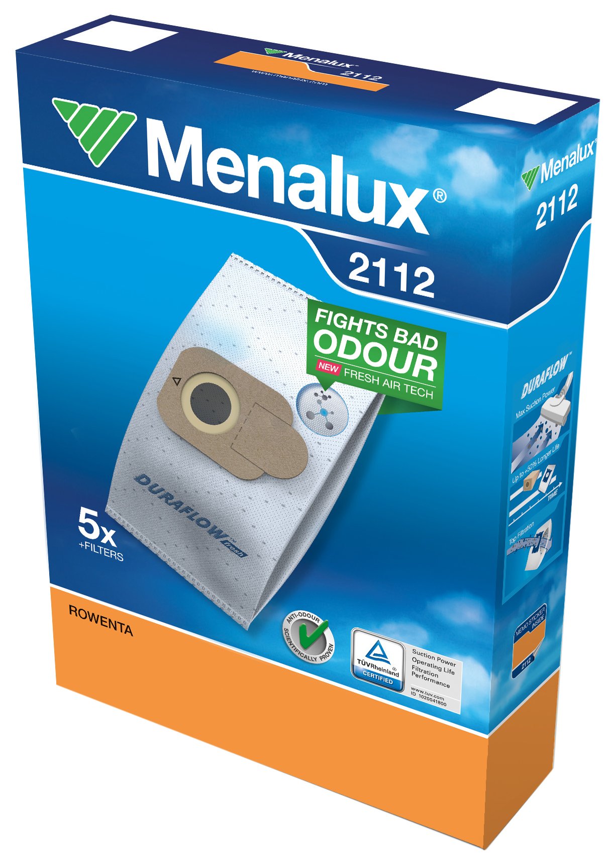 Menalux 2112 Vacuum Cleaner Bags for Rowenta RO 64, RO 6432, RO 63, RO 68 / 5X Duraflow Synthetic Bags, 1x Motor Filter