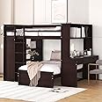 Harper & Bright Designs Full Over Twin Bunk Bed with Desk, Storage, Solid Wood Bunk Bed with Shelves and Wardrobe, Twin Size Loft Bed with a Stand-Alone Bed for Kids Teens Adults - Espresso
