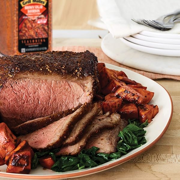 MCCORMICK GRILL MATES BROWN SUGAR BOURBON SEASONING, 27 OZ – ONE 27 OUNCE CONTAINER OF BROWN SUGAR BOURBON SEASONING MADE OF MOLASSES, RED BELL PEPPERS, AND MORE FOR STEAK, POULTRY, AND VEGETABLES