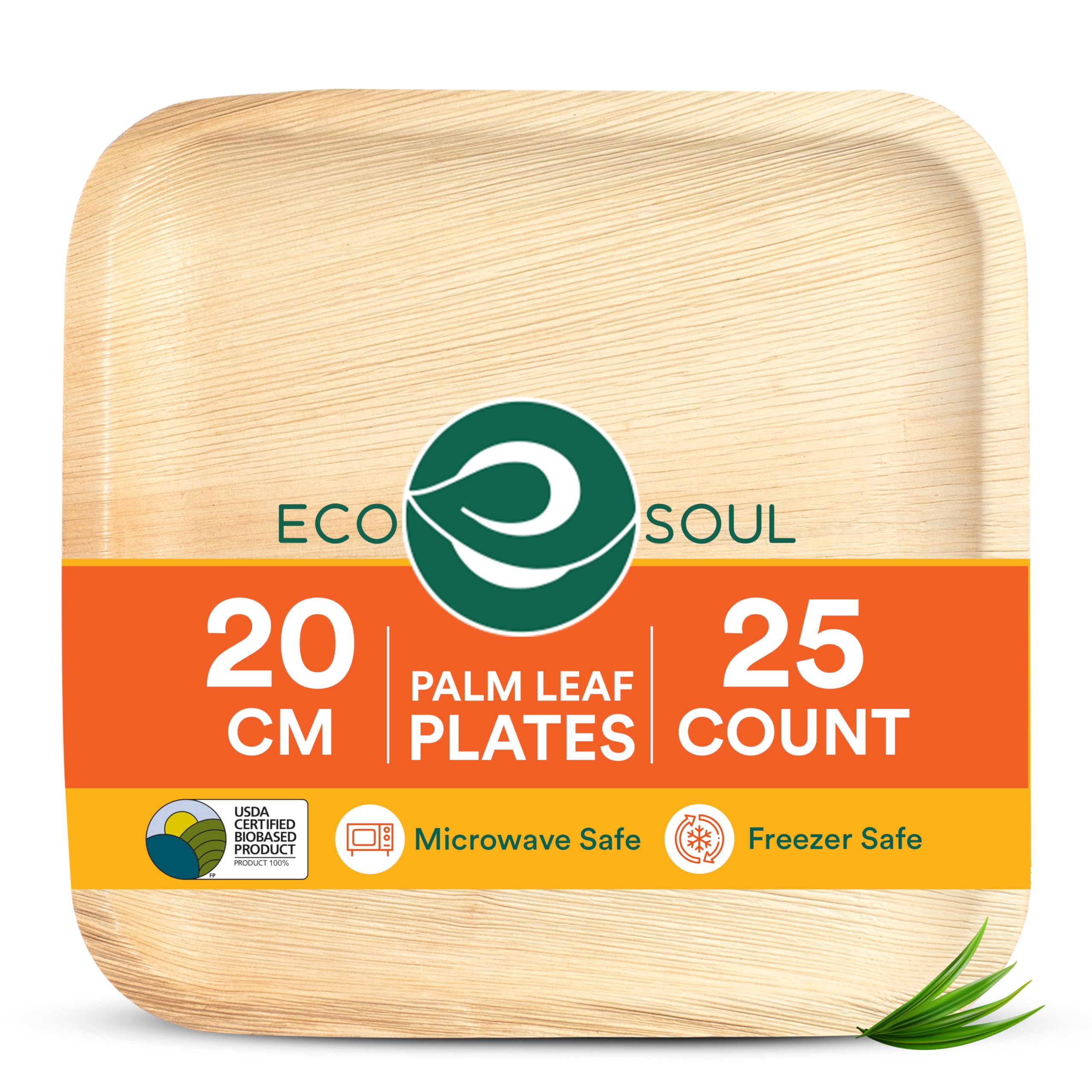 ECO SOUL Palm Leaf Plates 8”(20cm) 25 Square Bamboo Plate I Eco Friendly, Biodegradable, Compostable Heavy-Duty Plate, Disposable Plates for Dinner, Party & Events