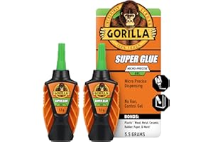 Gorilla Micro Precise Super Glue Gel, Cyanoacrylate Glue, Fast Setting, Precise Dispensing Tool, Anti-Clog Cap, Clear, 5.5g, (Pack of 2)