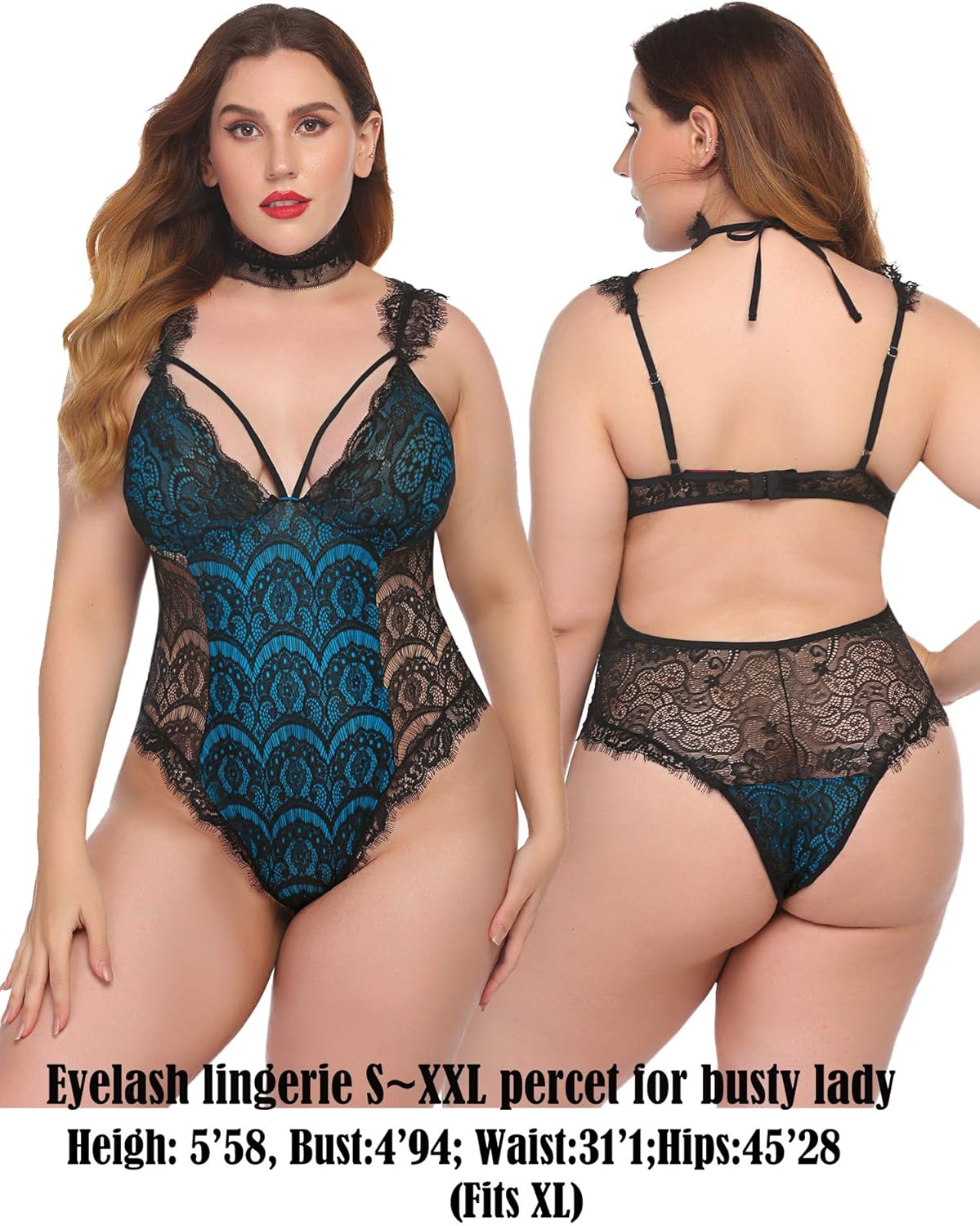 ADOME Womens Snap Crotch Lingerie Sexy Lace Bodysuit with Chocker Eyelash Teddy: Clothing
