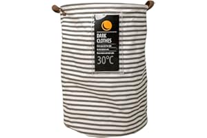 DEKE HOME Collapsible laundry basket hamper. Round striped canvas waterproof large storage bin baskets. Storage washing clothes and toys with handles and drawnstring 13.3"x 18.5"