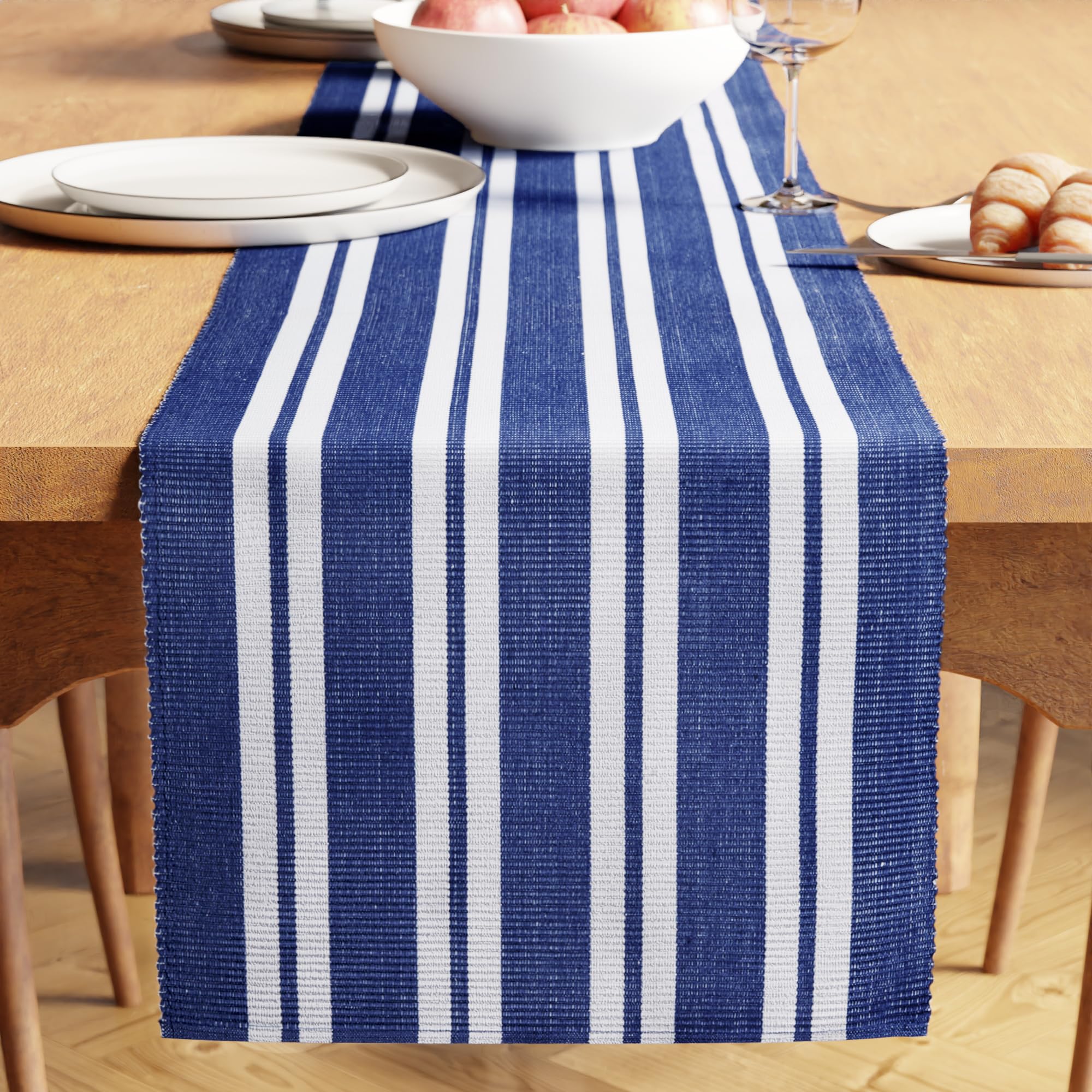 Encasa XO Dining Table Runner 32x200 cm | Yarn Dyed Fine Ribbed Cotton | Franca Blue Stripes | Machine Washable — image 1