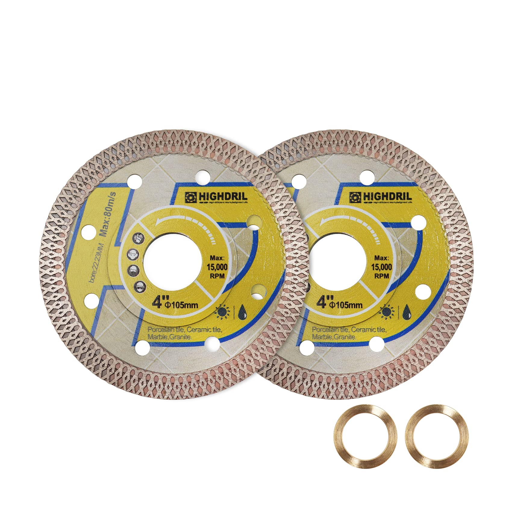 HIGHDRIL Diamond Saw Blade - 2pcs 105MM/4 Inch Diamond Tile Blade Disc Cutting Porcelain Tile Ceramic Granite Marble Dry or Wet Use Circular Saw Blade with Turbo X Mesh