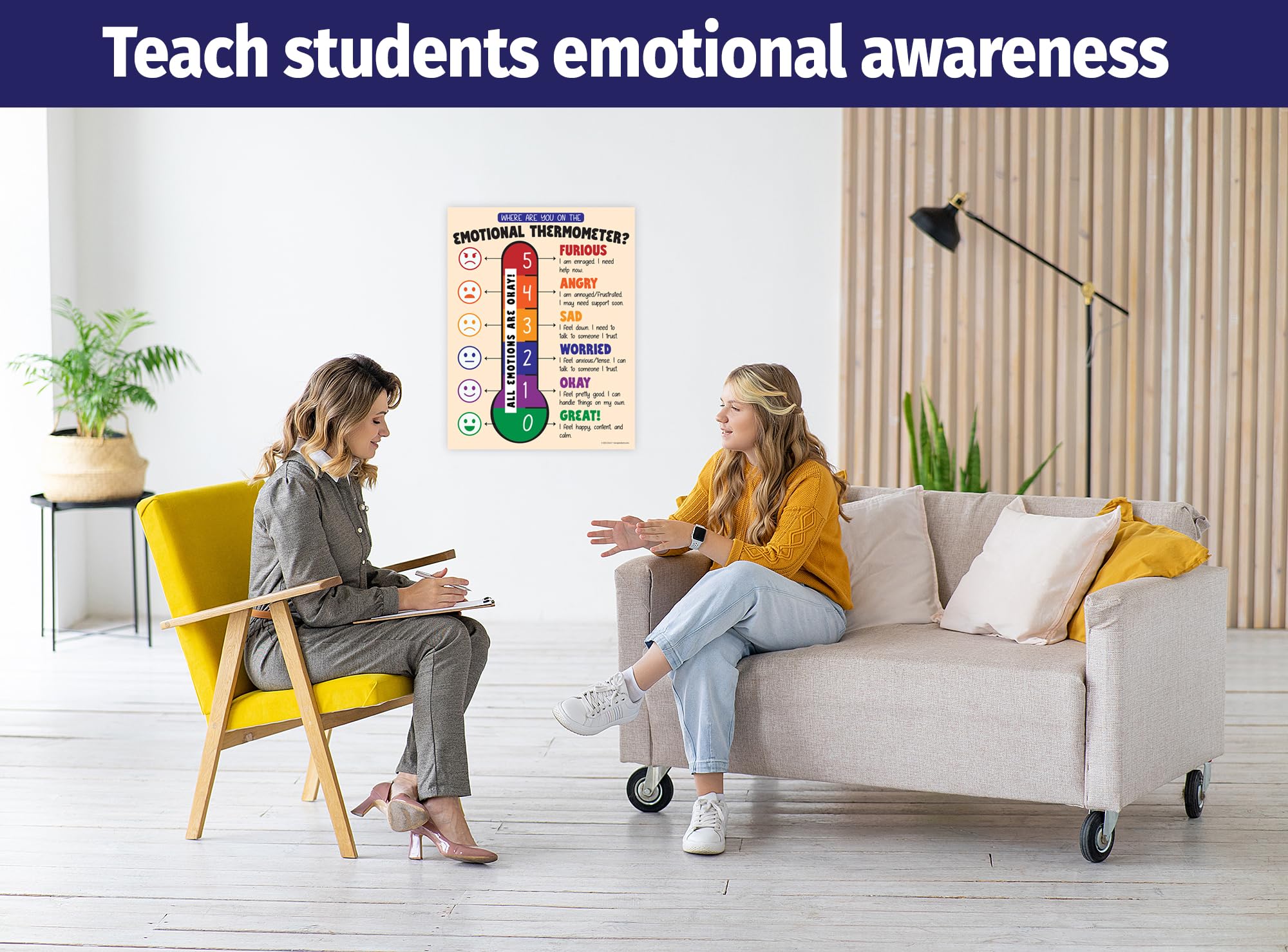 ZOCO Emotional Scale Poster – Feelings Thermometer Scale for Kids – School Counselor Must Have, Calm Down Corner Supplies – Laminated 17” x 22”
