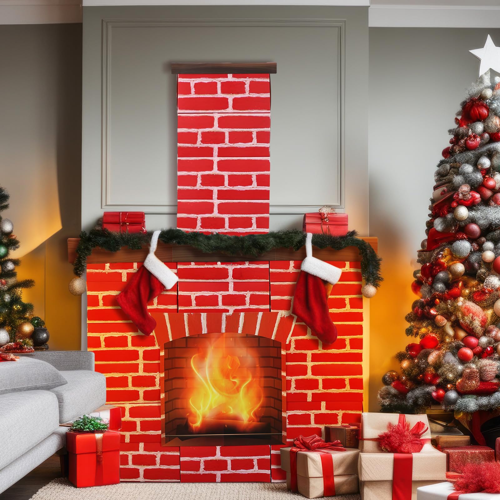 Photo 1 of Ctosree Christmas Cardboard Fireplace Box 3D Artificial Brick Stand up Fake Fireplace Backdrop for Christmas Decoration, 43.35 x 27.6 inch