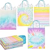 DjinnGlory 36 Pack Medium Tie Dye Pastel Gift Bags with Handles (Multicolor Rainbow) and 36 White Tissue Paper for Birthday Baby Shower Party Favors, Bouqtiques, Care Packages, 10x8x4 Inch