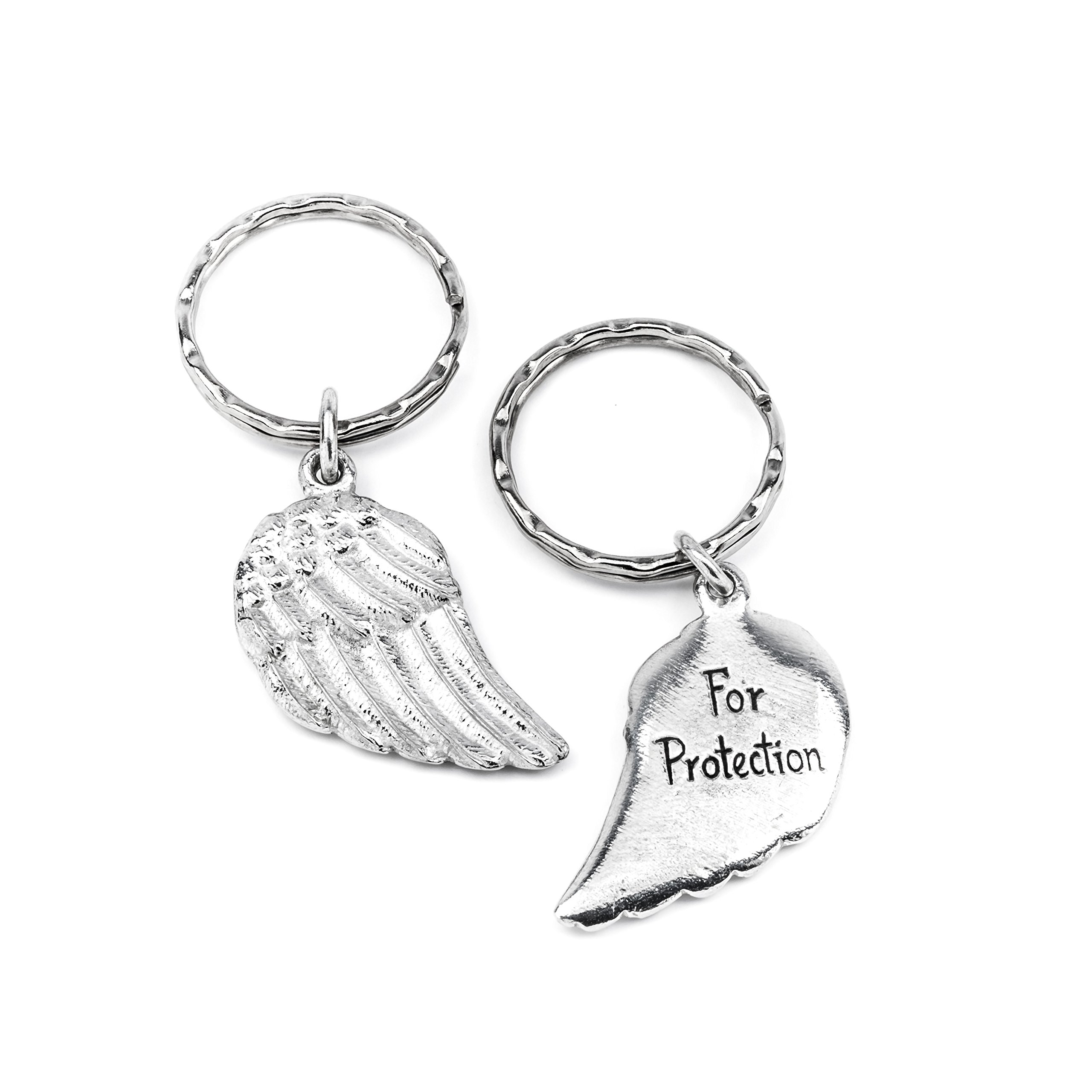 Angel Wing metal Keyring For Protection message. Handmade pewter keyring, double sided keyring with a detailed feathered effect angel wing on one side and 'For Protection' inscribed on the reverse. Sturdy keyring, handmade in the UK. Packaged in an organza bag.
