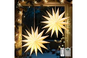 Luxspire 2 Pack Christmas Paper Star Lantern, 21.7" Hanging Paper Lights with LED Light Beads Remote Control, Foldable Decorative Papers Lantern Lights for Christmas Holiday Party, 14-Point Star