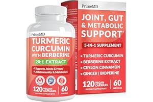 PRIMEMD 5-in-1 Organic Turmeric Curcumin Supplement (4210mg) with Berberine, Ceylon Cinnamon Bioperine and Ginger Supplements for Joint, Heart, Gut, & Metabolic Support (120 ct)