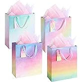4 Pack Gift Bags with Handles - Glitter Gradient Medium Size Gift Bags with Tissue Paper, Colorful Mother's Day Gifts Bag, Perfect for Teacher Appreciation, Birthday, Graduation, Party Favors, Wedding (Gradient Color, Medium)