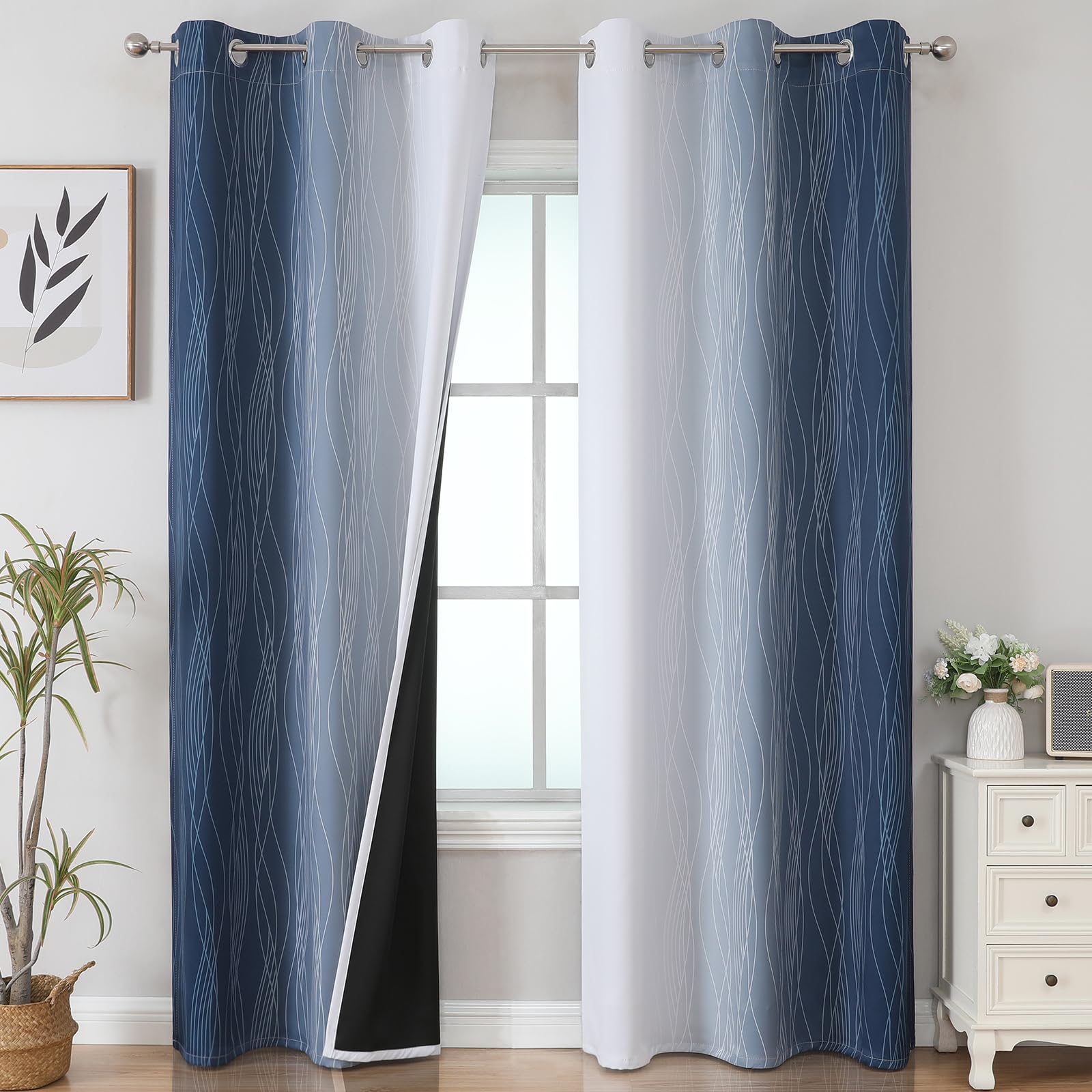 VEHEDE Ombre Wave Printed Blackout Curtains 84 Inch Drop for Bedroom, Navy Blue and Greyish White Gradient Thermal Insulated Home Decorative Window Drapes for Living Room, W42 x L84 Inch, 2 Pieces