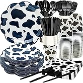 175Pcs Cow Print Birthday Party Supplies Farm Cow Print Scalloped Paper Plates Set 9"& 7"Cow Plates Napkins Cups Knive Fork Spoon for Cow Themed Birthday Party Decorations