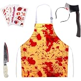 Halloween Bloody Butcher Costumes Set for Men Terrifying Role Play | Waterproof Bloody Apron, Axe Headband, Butcher Knife, Temporary Tattoos, Party Carnival Prop Accessories