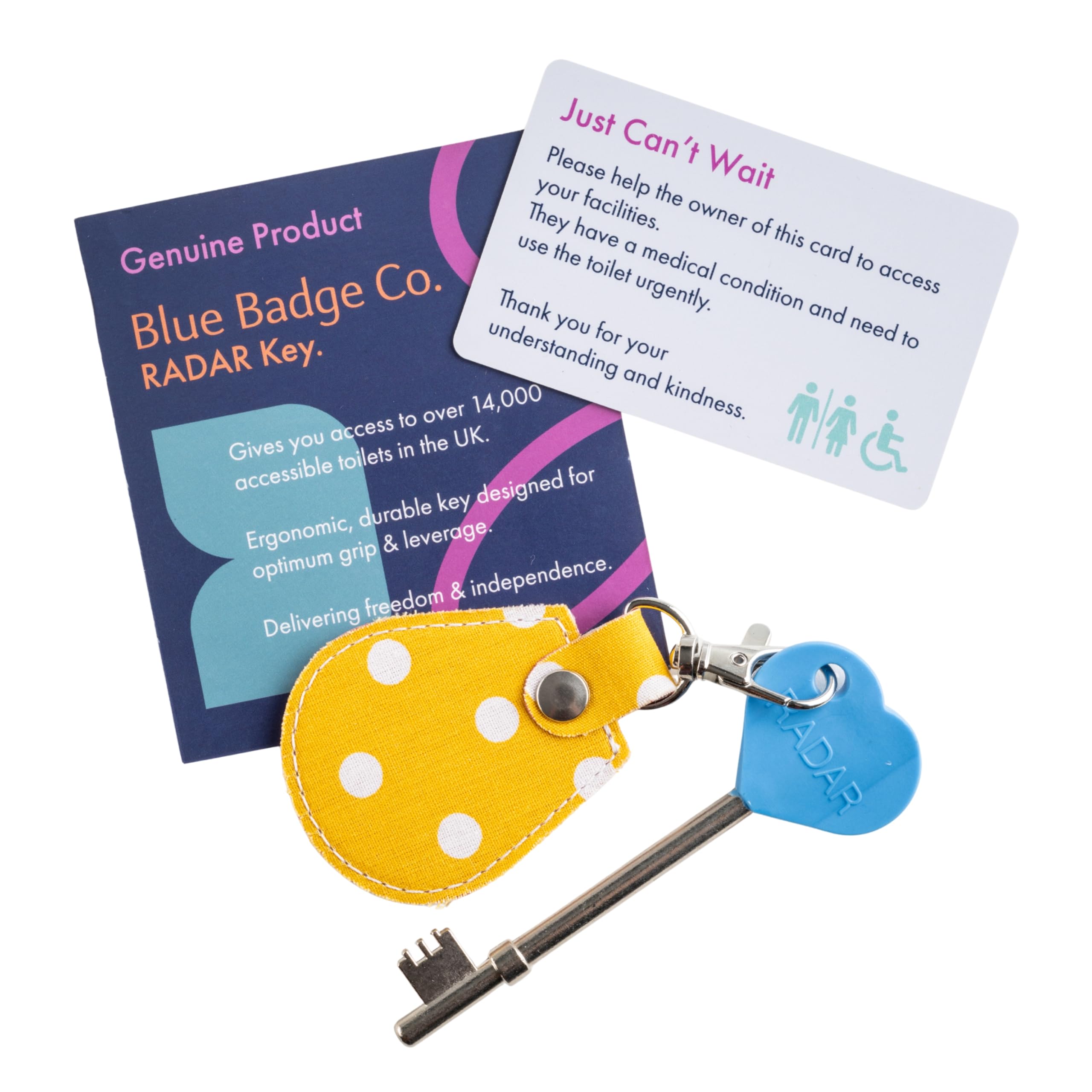 Official & Genuine Radar Disabled Toilet Key with Spotty Canary Yellow Fabric Keyring, UK NKS Standard Access Key for Accessible Toilets, Includes Free Just Can’t Wait Card – Easy Turn Key