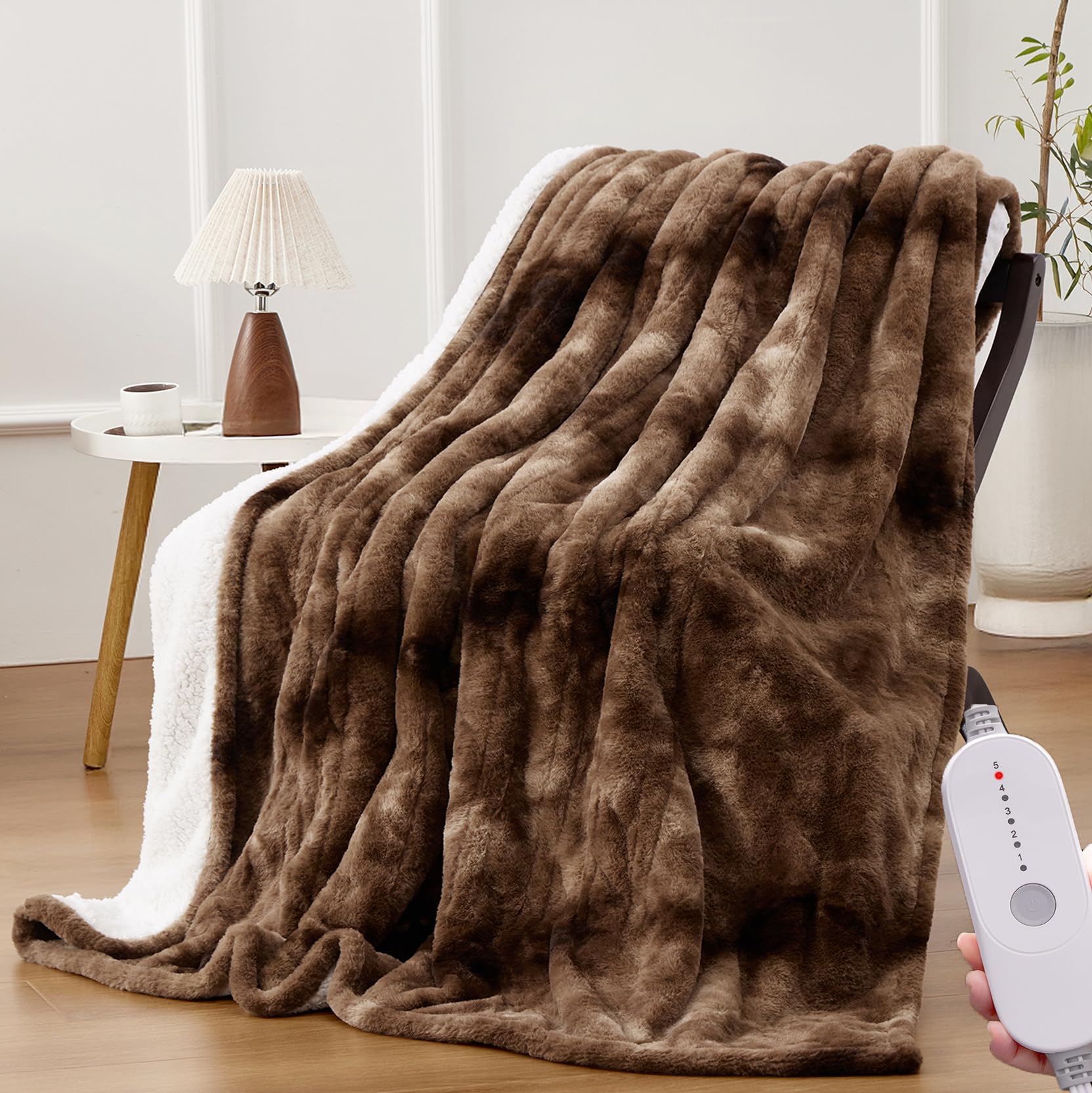 Photo 1 of *****MISSING CONTROLLER******HYLEORY Faux Fur Heated Throw Blanket Electric - 50''x60'' Soft Flannel Heating Blanket with 5 Heat Levels & Auto-off 3 Hrs, Fluffy Cozy Warm Couch Bed Blankets for Fall Winter Halloween Office, Brown