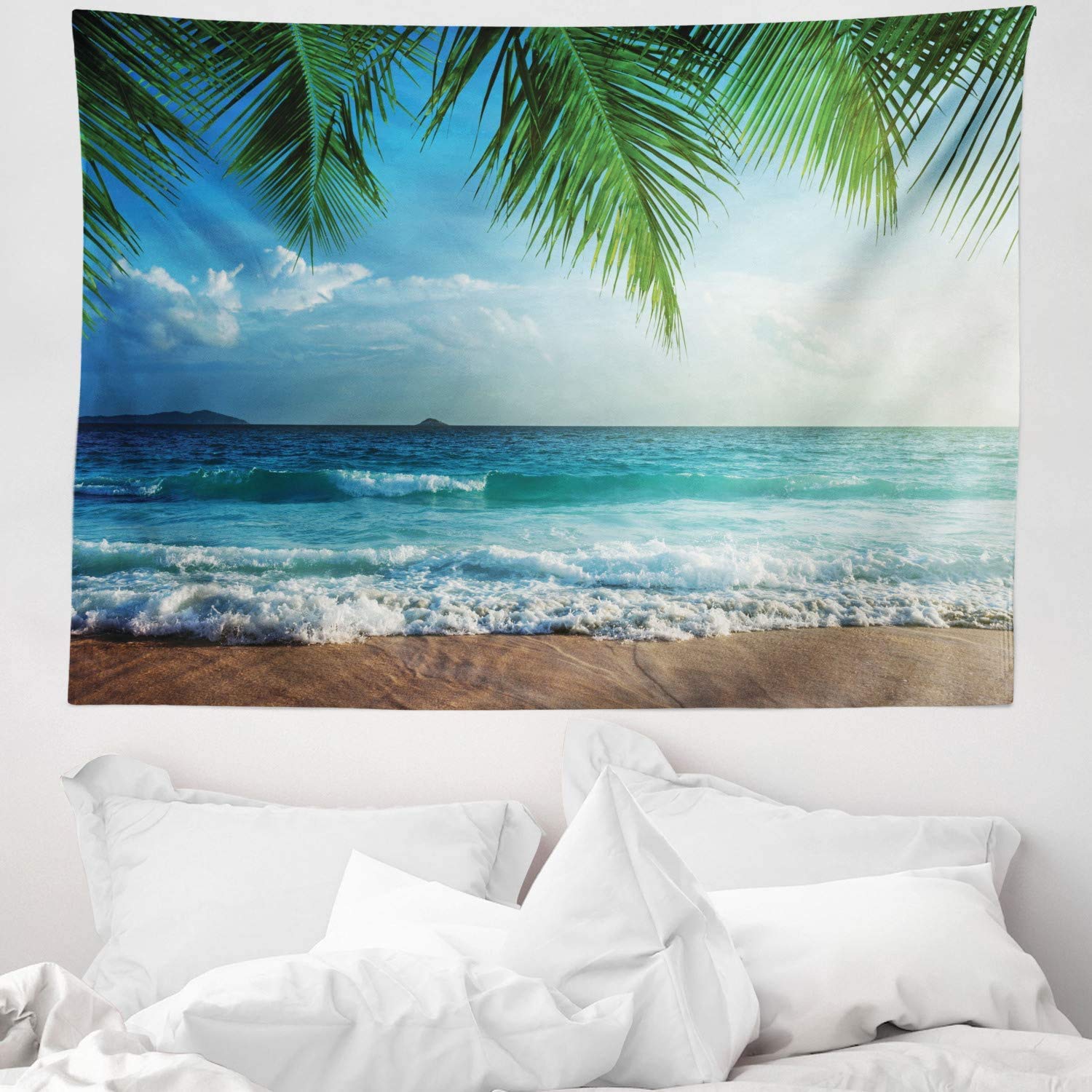 ABAKUHAUS Ocean Tapestry, Palms Tropical Island Beach Maldives Photography Home Postcard Traveler Explorer, Fabric Wall Hanging Decor for Bedroom Living Room Dorm, 58 W X 43 L, Green Blue