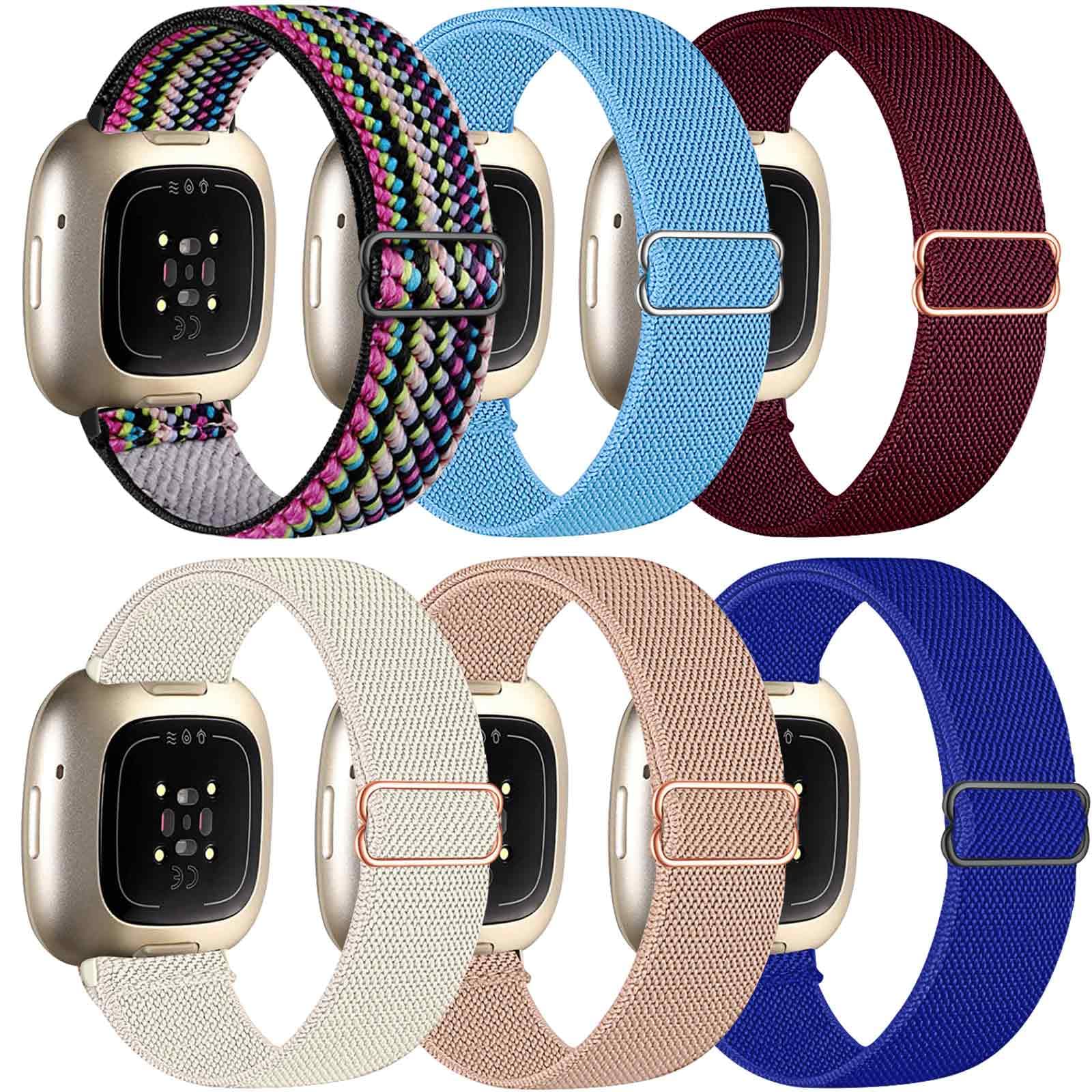 chinbersky 6 Pack Strap Compatible with Fitbit Versa 4 Strap/Fitbit Sense, Adjustable Nylon Sport Band 4/Sense 2/Sense, Rainbow/Light Blue/Wine Red/Starlight/Light Pink/Klein Blue (Fitbit3/4-X6P-B)