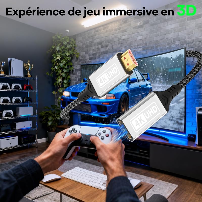 Câble d'extension HDMI 2.0,1m 4K@60Hz et 2K@144 Hz,câble en nylon tressé mâle vers femelle,haute vitesse 18 Gbit/s,UHD ARC HDR HDCP 2.2,compatible avec TV Stick,HDTV,PS5 et PS4. — photo 5 sur 7