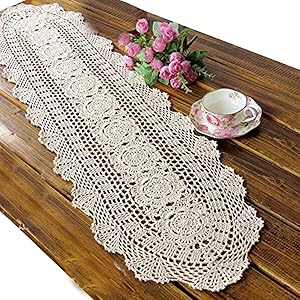 USTIDE Floral Hand Crochet Table Runner Doily Beige Lace Table Doilies Cotton Table Placemats Oval Table Runners, 11.8"x23.6"