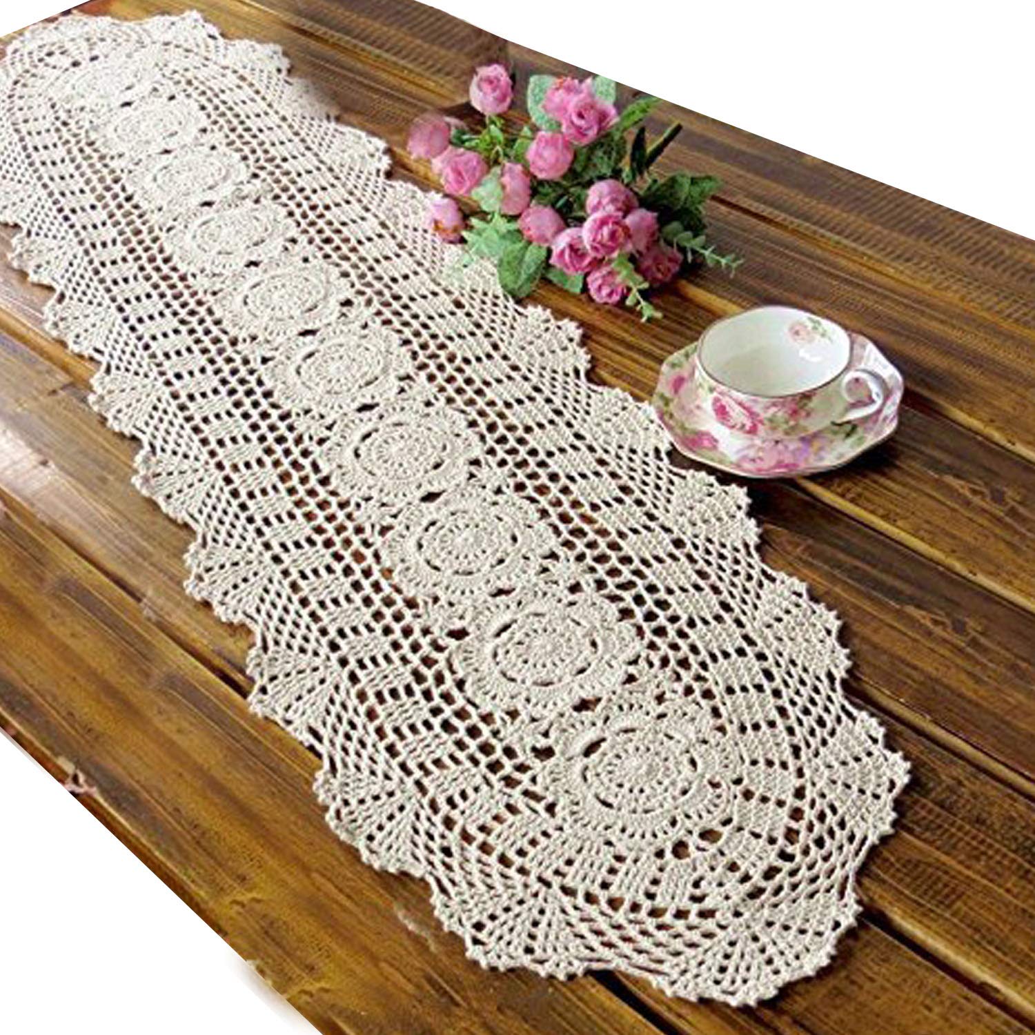 USTIDE Floral Hand Crochet Table Runner Doily Beige Lace Table Doilies