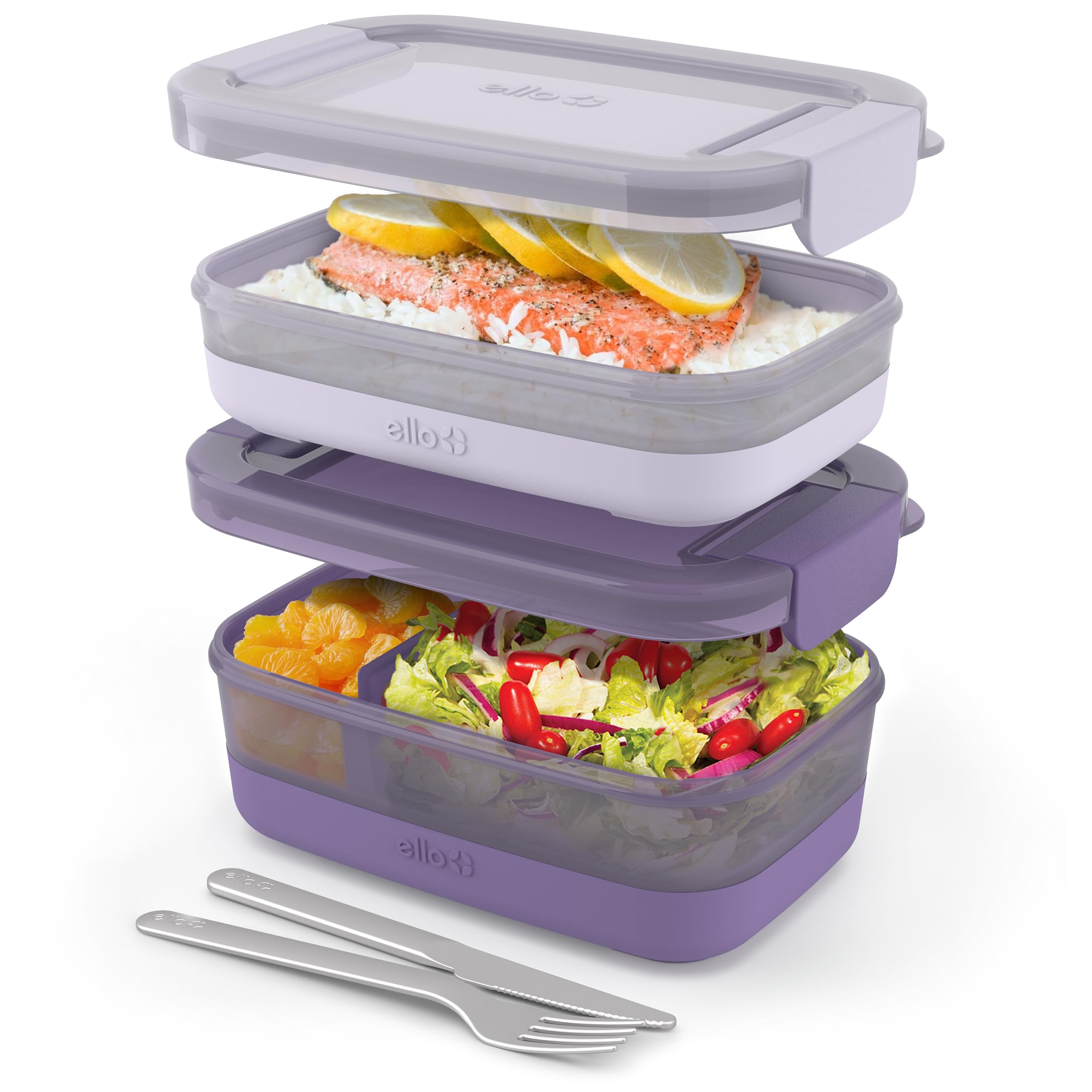 Ello 2 count Bento Box Lunch Stack Plastic Food Storage Container, Leak-Proof Locking Plastic Lids, Silicone Base, BPA-Free, Freezer Microwave and Dishwasher Safe, Wisteria (Pack of 6) Image