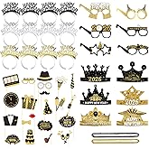 Tangrove New Years Eve Party Supplies 2026 – 57 PCS Celebration Kit with Headbands, Glasses, Noise Makers, Photo Booth Props & Wristbands – Gold Silver Happy New Year Decorations