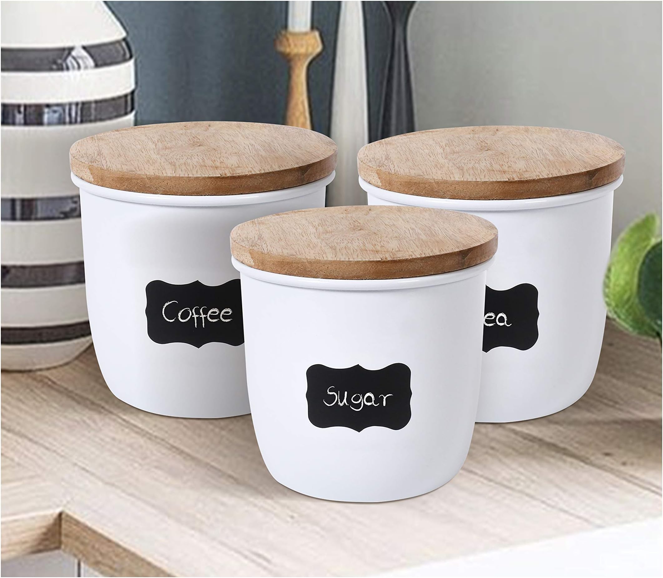 Canisters Sets for the Kitchen, Food Storage Container for Kitchen Counter, Sugar, Coffee, Wooden Lid Storage Box - Farmhouse Home Decor Accents - White/Natural