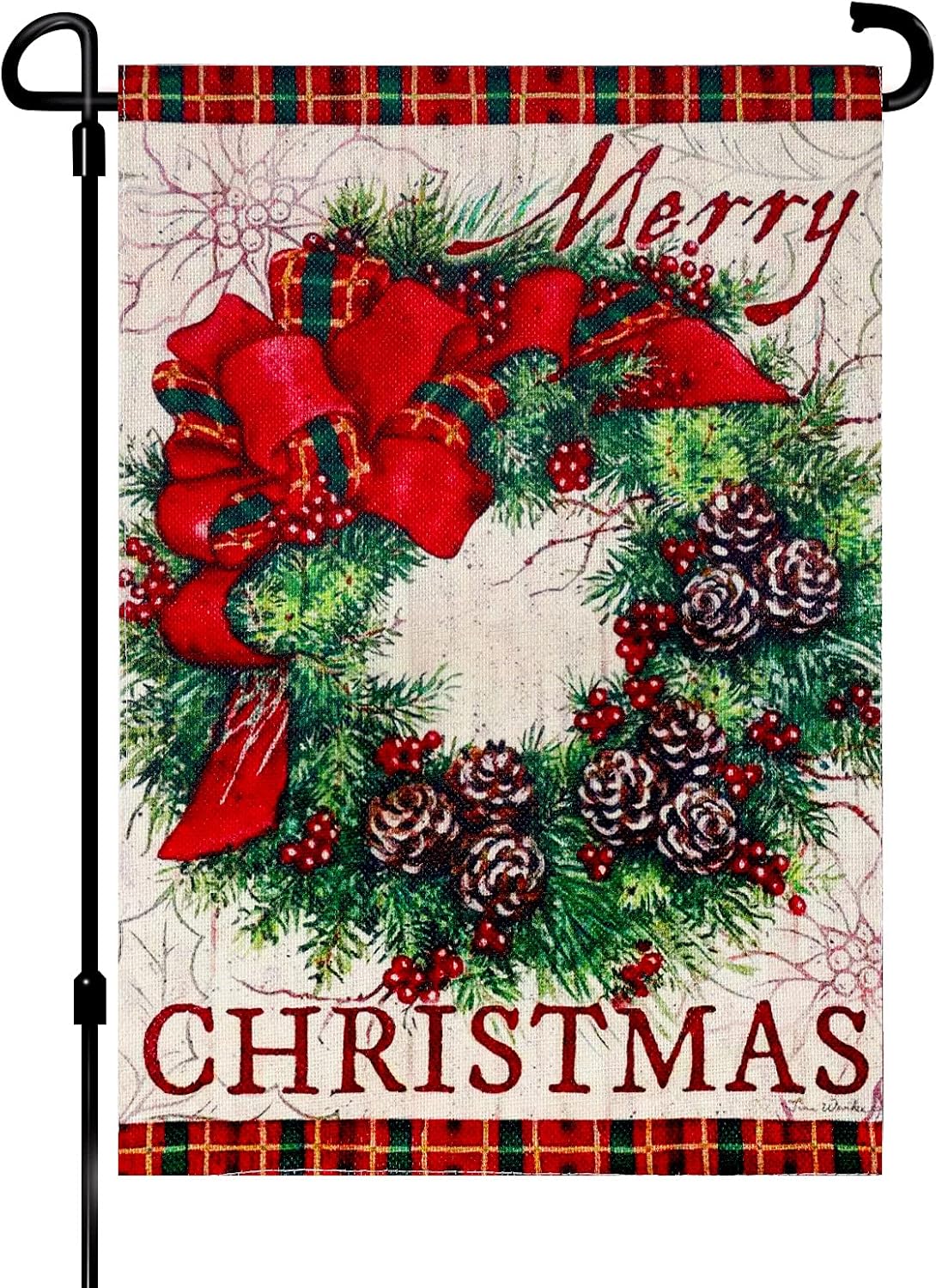 Flags - LUTER 12x18inch Merry Christmas Garden Garland Flag, Double Sided Burlap Plaid Edge Decorative Wreath Buffalo Burlap Garden Flags for Winter Outside Decorations Farm Yard Wall Decor