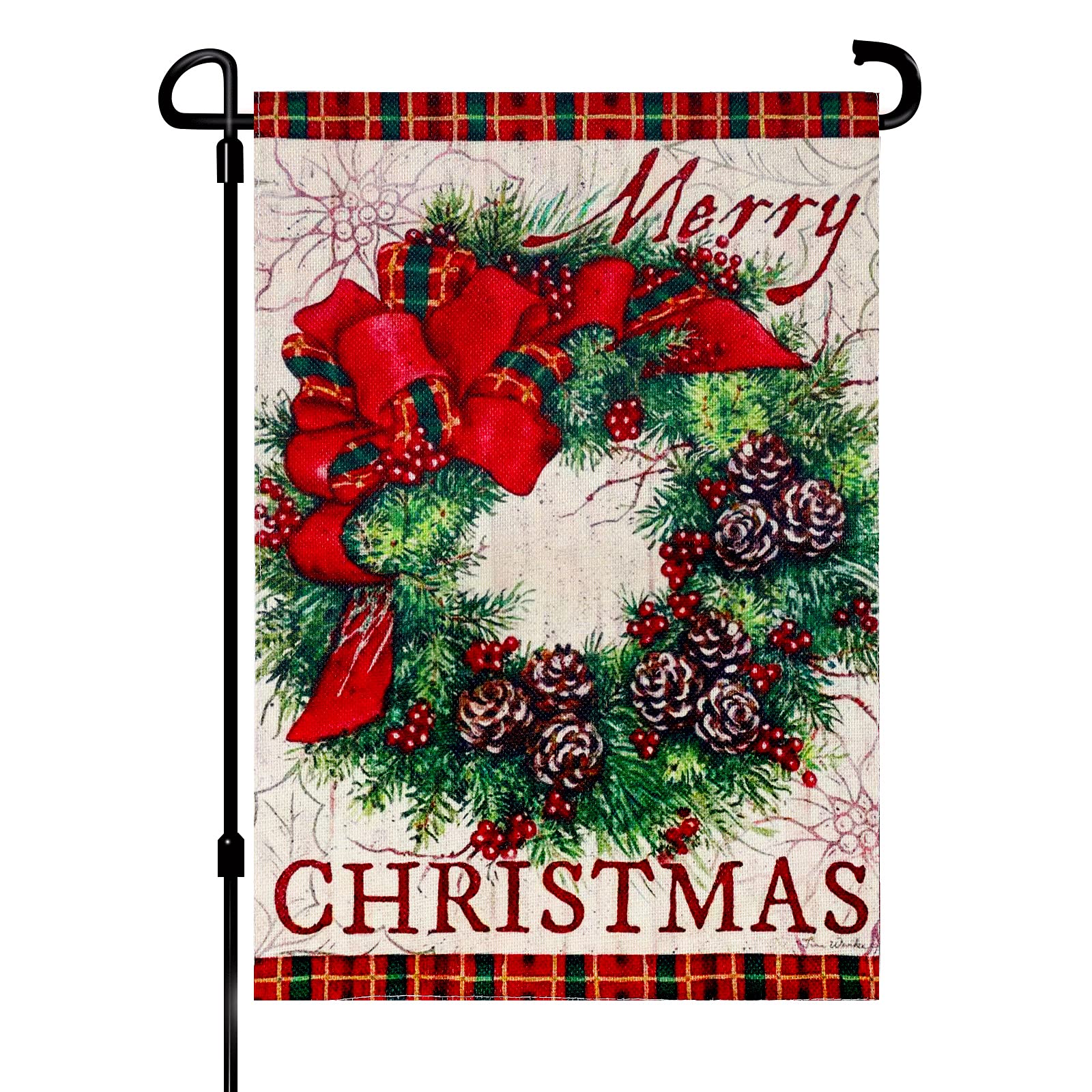 LUTER 12x18inch Merry Christmas Garden Garland Flag, Double Sided Burlap Plaid Edge Decorative Wreath Buffalo Burlap Garden Flags for Winter Outside Decorations Farm Yard Wall Decor