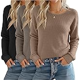 Yearntown 3 Pack Women's Waffle Knit Long Sleeve Shirts, Crew Neck Slim Fit Thermal Tops Casual Stretch Basic Pullover